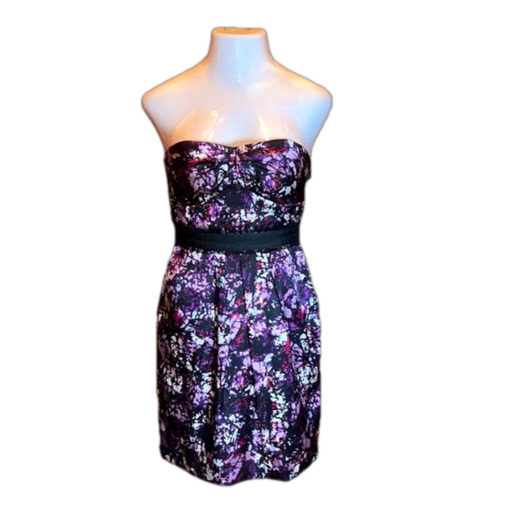 MAX & CLEO  Purple & Black “Satiny” Print Strapless Dress Size 8